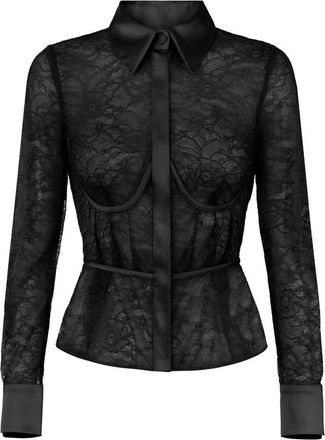 Elisabetta Franchi Blouse van bloemenkant - Dames - Overhemden - Zwart - M - Satijn - Overhemden