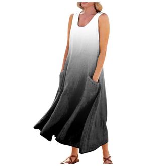 Generic Plus Size Boho Clothing Casual Gradient Print Round Neck Sleeveless Dresses Maxi A Line Beach Dress with Pockets Plus Size Women Dress (Black, M)