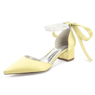 Generic Bridal Shoes Satin Womens Block Heel Wedding Shoes Pointed Toe Prom Party Dress Pumps 4.5Cm,Yellow,10 UK