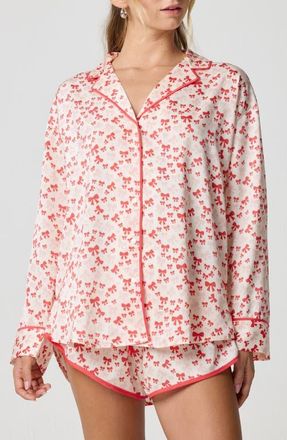 Florence By Mills Dream Satin Pajama Shirt in Berry/Ball Bow at Nordstrom, Size Xx-Small
