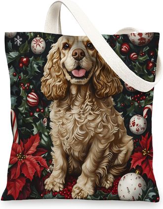Generic Christmas Cocker Spaniel Dog Canvas Tote Bag for Shopping 13x15, Xmas Candy Poinsettia Puppy Reusable Grocery Print Bag for Women Men, Holiday Pet Aes