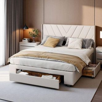 OEM Cama Con Cofres Y Cajones 160x200 - Beige Topo - Almacenamiento Xxl - Dise&ntilde;o Moderno - Estructura Mdf Reforzada