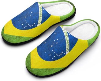 Generic Vintage Brazil Flag Cotton Slippers for Women Memory Foam Comfy House Shoes with Anti-Skid Rubber Sole