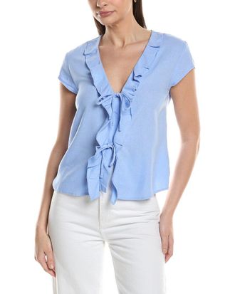 Ellen Tracy Linen-Blend Ruffle Tie Front Top