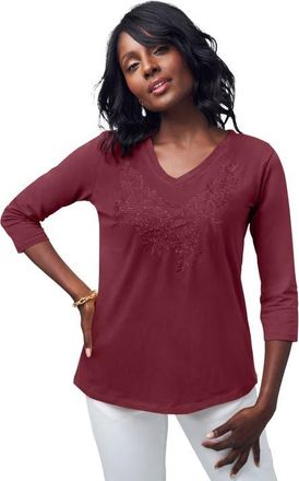 Jessica London Stretch Cotton Embroidered Tee in Burgundy Floral Embroidery at Nordstrom, Size Large