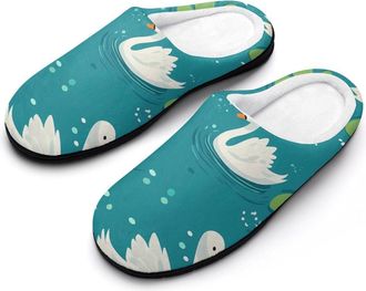 Generic White Swans And Water Lilies Slippers Men Winter Warm Cotton Anti-Slip Indoor Slip-Ons House Shoes