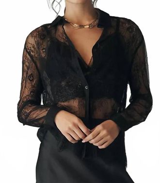 En Saison Darcy Long Sleeve Sheer Lace Button Down Top In Black