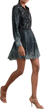 Reiss Ali Pleated Long Sleeve Mini Shirtdress in Navy at Nordstrom, Size 12 Us