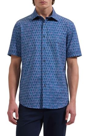 Bugatchi Miles OoohCotton Textured Palm Print Short Sleeve Button-Up Shirt in Navy at Nordstrom, Size Xx-Large