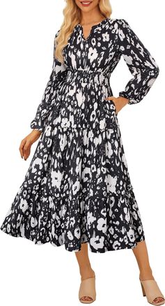 Grace Karin Women Elegant Long Sleeve Dress A Linie V Neck Casual Floral Dress with Pockets Black White Flower XXL