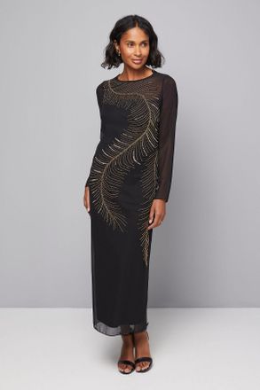 Wallis Womens Premium Feather Embellished Midi Dress - Black - Size 12 UK
