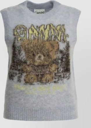 Ganni alpaca wool brushed knit sleeveless crew-neck vest