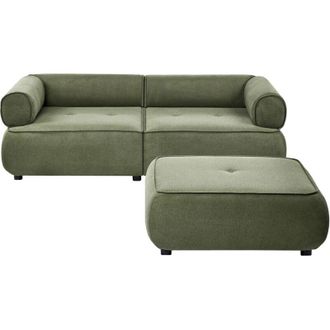 Beliani 3 Seater Sofa with Ottoman Green Fabric Rolled Armrests Water-Repellent Upholstery Couch Tufted Seat with Footstool Mid-Century Modern Style Living