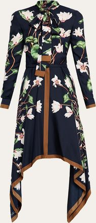 Oscar De La Renta Long-Sleeve Chine Cyclamen Silk Twill Handkerchief Dress