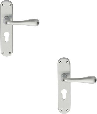 Loops 2x PAIR Smooth Round Bar Handle on Euro Lock Backplate 185 x 40mm Satin Chrome