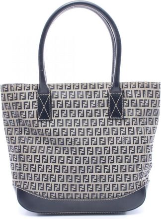Fendi Gray Navy Canvas Leather Handbag Tote Bag (Pre-Owned)