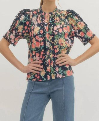 Entro Floral Scallop Lace Trim Puff Sleeve Top In Navy