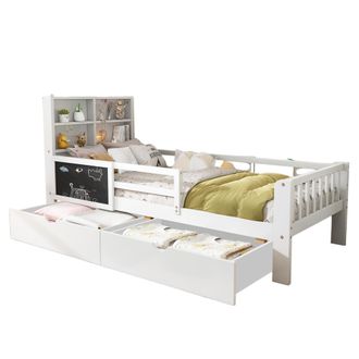 STILVORA Cama Infantil 90 X 200 Cm De Madera Y Mdf Con 2 Cajones, Pizarra Peque&ntilde;a Y Barandilla, Sin Colch&oacute;n, Blanco