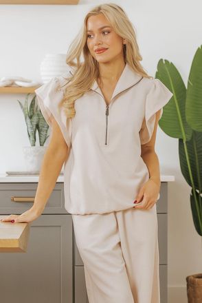 Azura Exchange Womens Apricot Textured Ruffled Sleeve Zipped Top And Wide Leg Pants Set - Ivory - Size X-Large