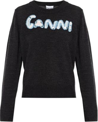 Ganni Logo Sweater - Dames - Ronde hals truien - Zwart - 2XS - Katoen - Truien & Vesten