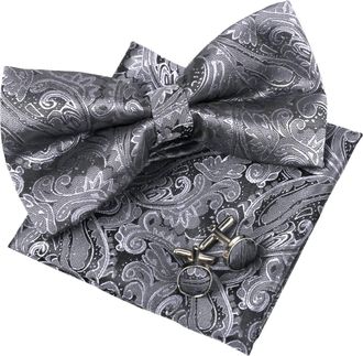 Alizeal Mens Classic Paisley Pre-tied Bow Tie, Pocket Square and Cufflinks Set, Gray