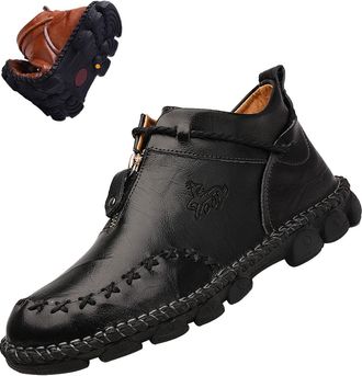 Generic Mens Solid Color Casual Boots, Western Ankle Boots Leather Casual Lightweight Hand Stitching Driving Shoes (Black,10.5)