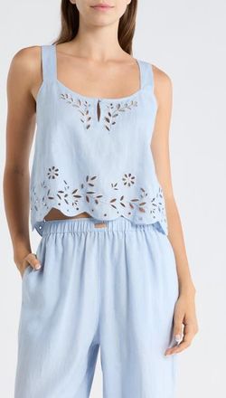 Lunya Embroidered Eyelet Linen Tank in Whisper Blue at Nordstrom, Size X-Large