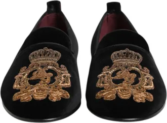 Dolce & Gabbana Black Velvet Gold Crown Mens Loafers Mens Shoes