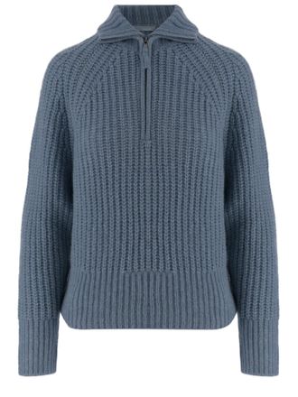 Allude Light Blue Zip Turtleneck Cashmere-Silk Sweater