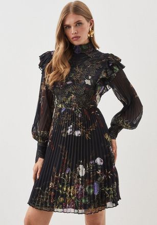 Karen Millen Petite Floral Applique Lace Pleated Woven Midi Dress