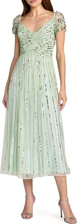 Mac Duggal Beaded Sequin V Neck Cap Sleeve Midi Dress in Sage at Nordstrom, Size 16