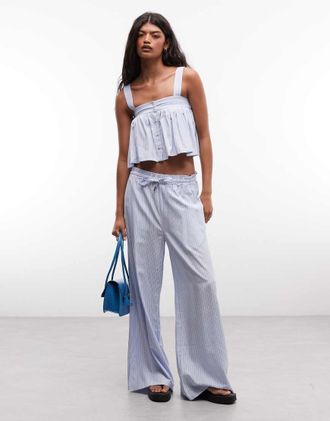 B&eacute;lier pantaloni a gamba larga a righe con vita paperbag in blu e bianco coordinati-Multicolore