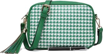 Generic Houndstooth Pattern Crossbody Bag with Tassel, PU Leather Vegan Shoulder Bag for Women, Blue and Beige, 24x17x7cm (Green)
