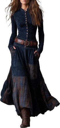 Generic Womens Suede Western Retro Style Dress, Long Sleeves, Round Neck, Pockets, Button Closure, with Belt. (Royal Blue,L)