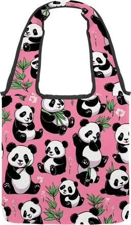 Generic Cute Panda on Pink Reversible Canvas Shoulder Tote - Double-Sided Print, 12oz Cotton, 27cm Drop, Fold-Flat Bag for Travel, Shopping, Street Outings
