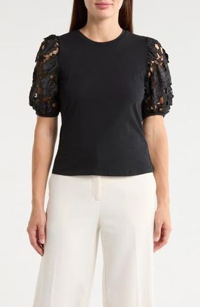 Ellen Tracy Mixed Media 3D Floral Sleeve Top in Black at Nordstrom Rack, Size X-Small