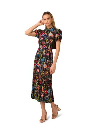 Adrianna Papell Womens Printed Midi Dress - Black - Size 8 UK