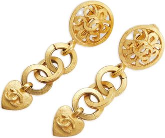 Chanel 1995 Gold Plated CC Heart Drop Clip on Earrings costume earrings