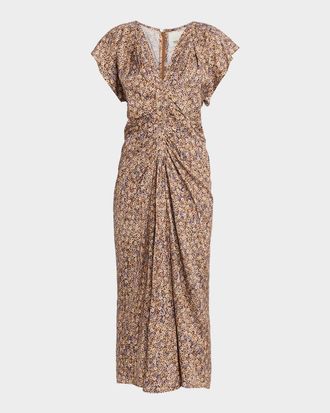 Isabel Marant Lyndsay Floral Satin Flutter-Sleeve Midi Dress