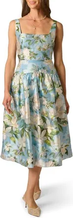 Adrianna Papell Gathered Floral Organza Midi Dress in Blue Multi at Nordstrom, Size 14