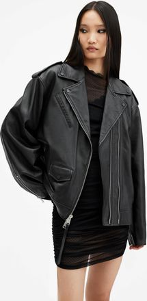 AllSaints Womens Leather Daylen Oversized Leather Biker Jacket, Size: L
