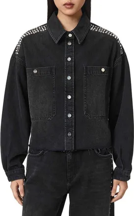 AllSaints Nicky Stud Denim Jacket in Washed Black at Nordstrom, Size X-Small
