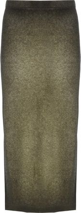 Avant Toi Green Melange Midi Skirt With Back Slit And Elastic Waistband