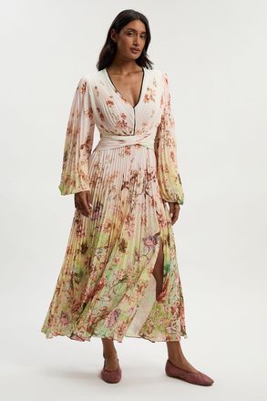 Karen Millen Womens Scattered Floral Balloon Sleeve Pleated Crinkle Cut Out Woven Maxi Dress - White - Size 12 UK