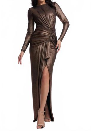 Dress The Population Shimmery Sparkling Romera Long Sleeve Maxi Dress In Bronze