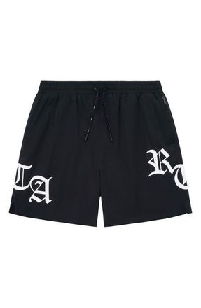 Rta Mark Stretch Nylon Swim Trunks in Black/Old English at Nordstrom, Size Xxx-Large