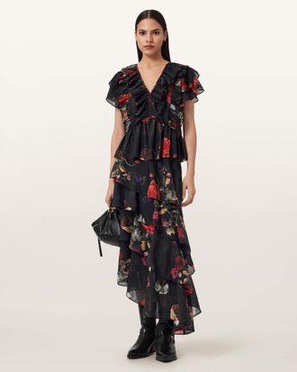 AllSaints Lyocell Alma Floral Frill Top, Size: UK 14/US 10