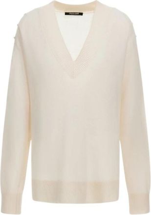 Roberto Cavalli Witte V-hals Trui Gemaakt in Itali&euml; - Dames - V-hals truien - Beige - XS - Wol - Truien & Vesten
