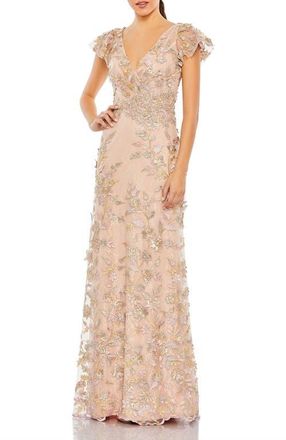 Mac Duggal Embroidered Applique Wrap Over Flutter Sleeve Gown in Rose Gold at Nordstrom, Size 14