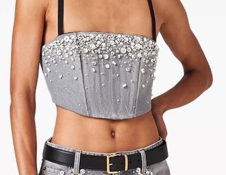 Miu Miu Grey Embellished Denim Cropped Top Size S